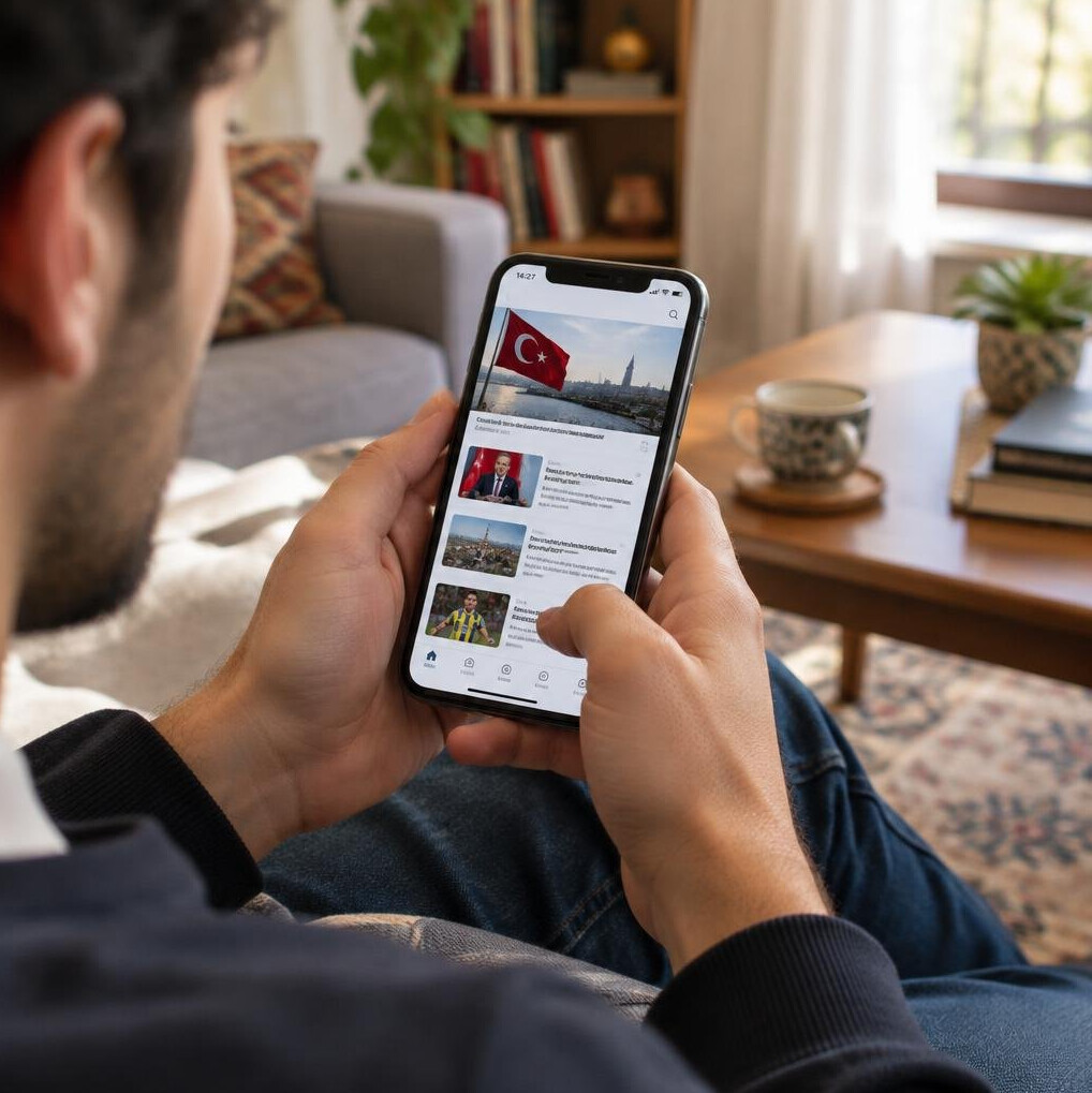 Hand holding a smartphone showing a news feed